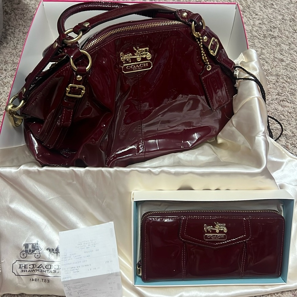 Coach Burgundy Patent Leather Satchel with Matching Wallet